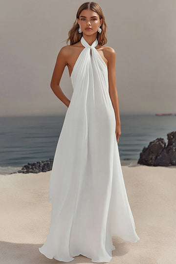 Simple White Halter A Line Chiffon Engagement Dress